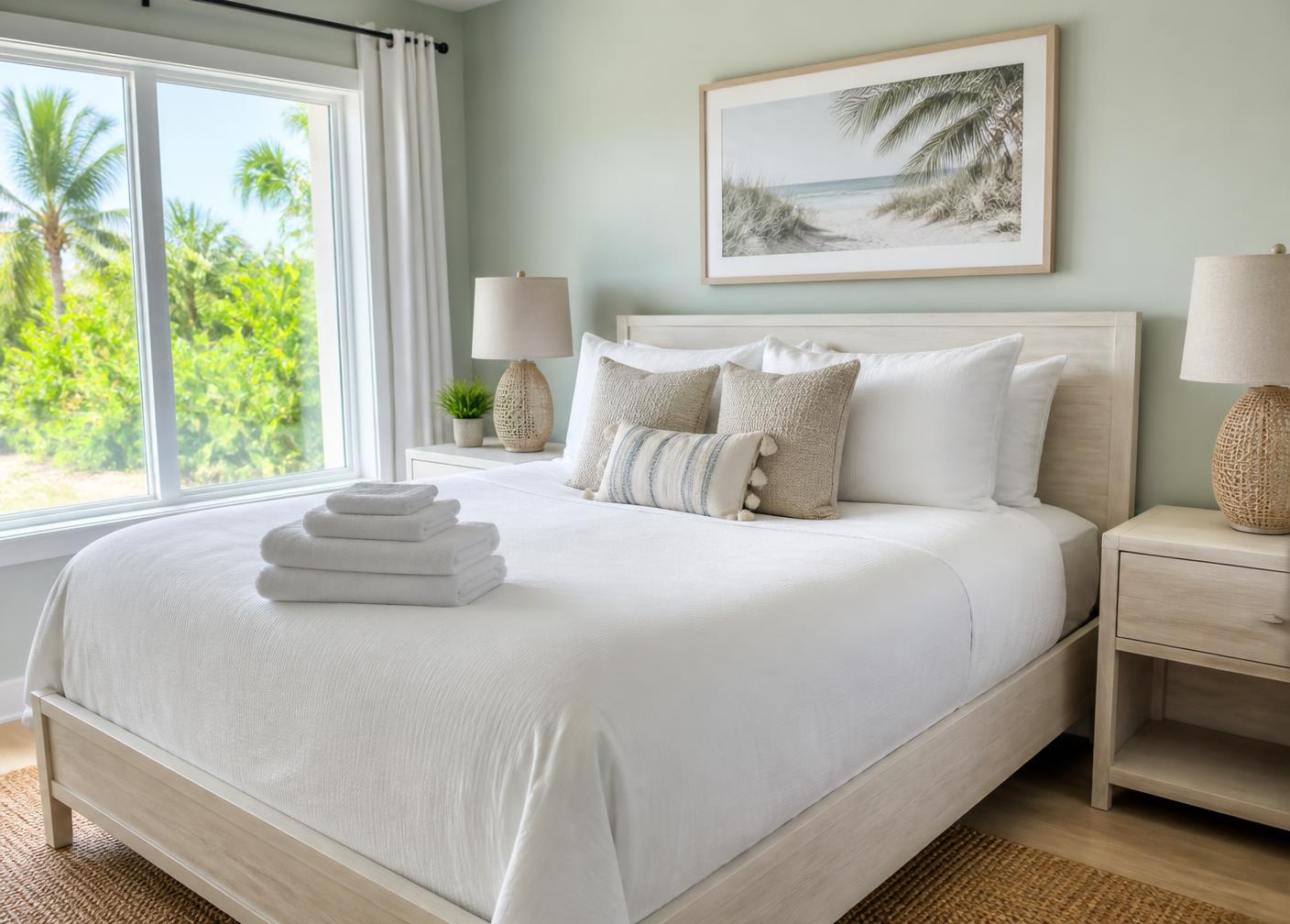 Bed made with fresh white linens and folded towels in a bright Florida bedroom