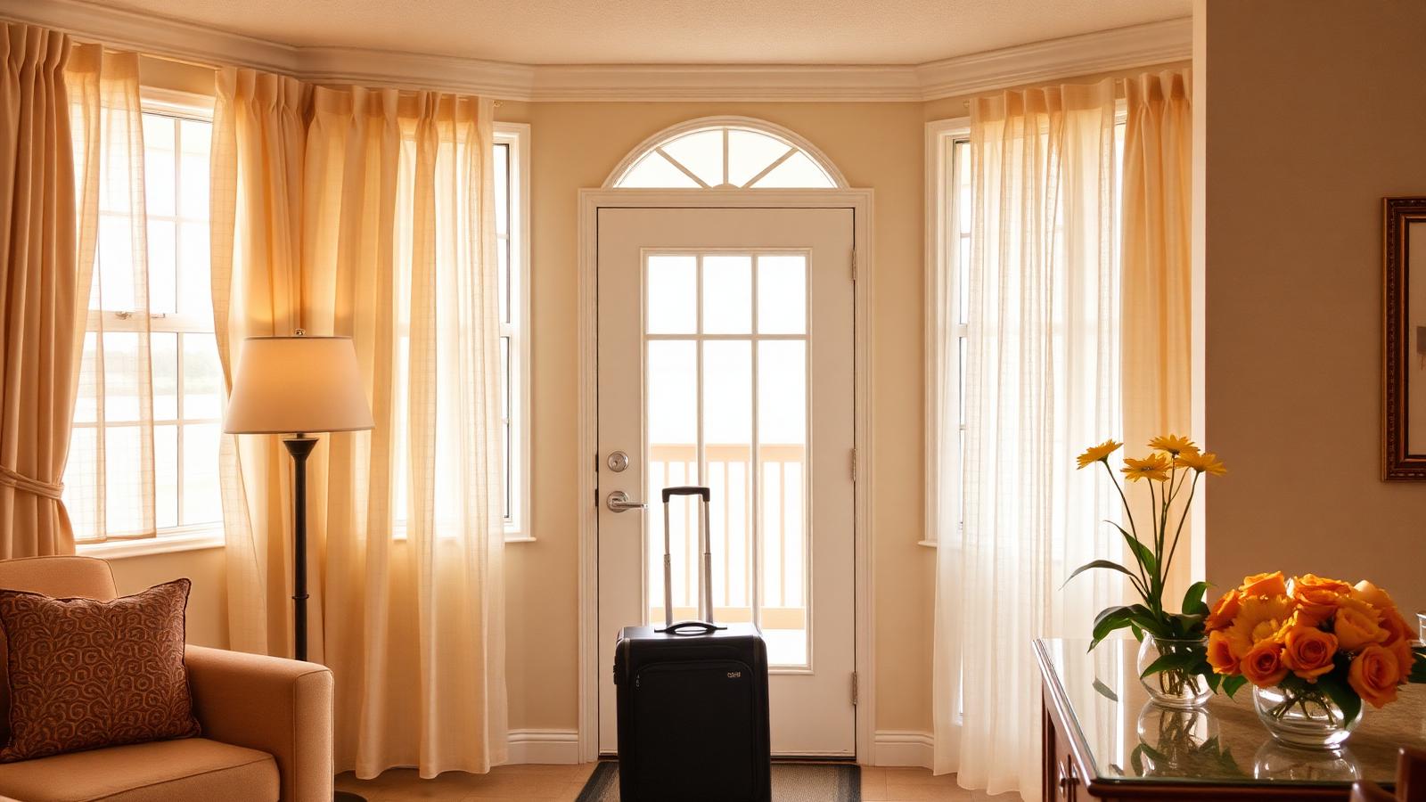 Florida home entry with light curtains, open windows and a suitcase by the door on arrival day
