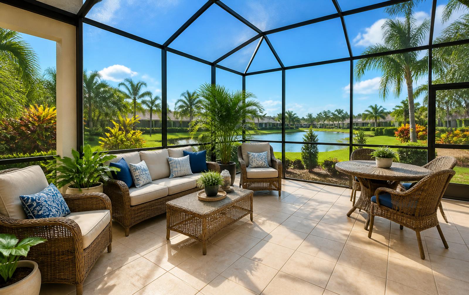 Clean screened lanai with fresh cushions in a Southwest Florida seasonal home